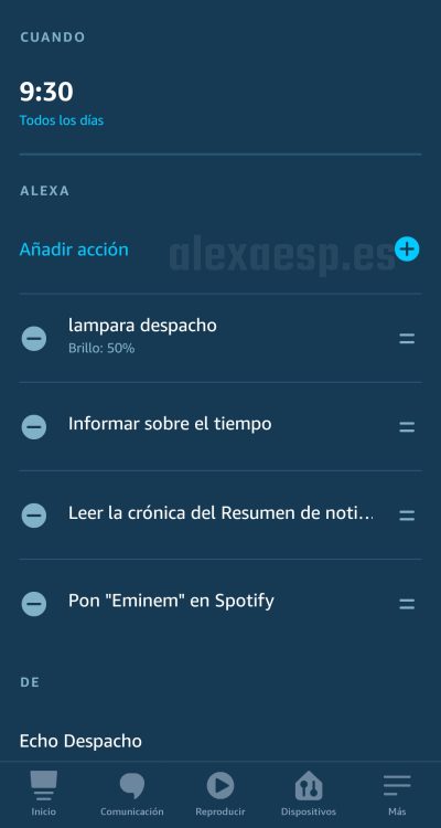 rutina ejemplo despertador alexa amazon echo noticias y tiempo